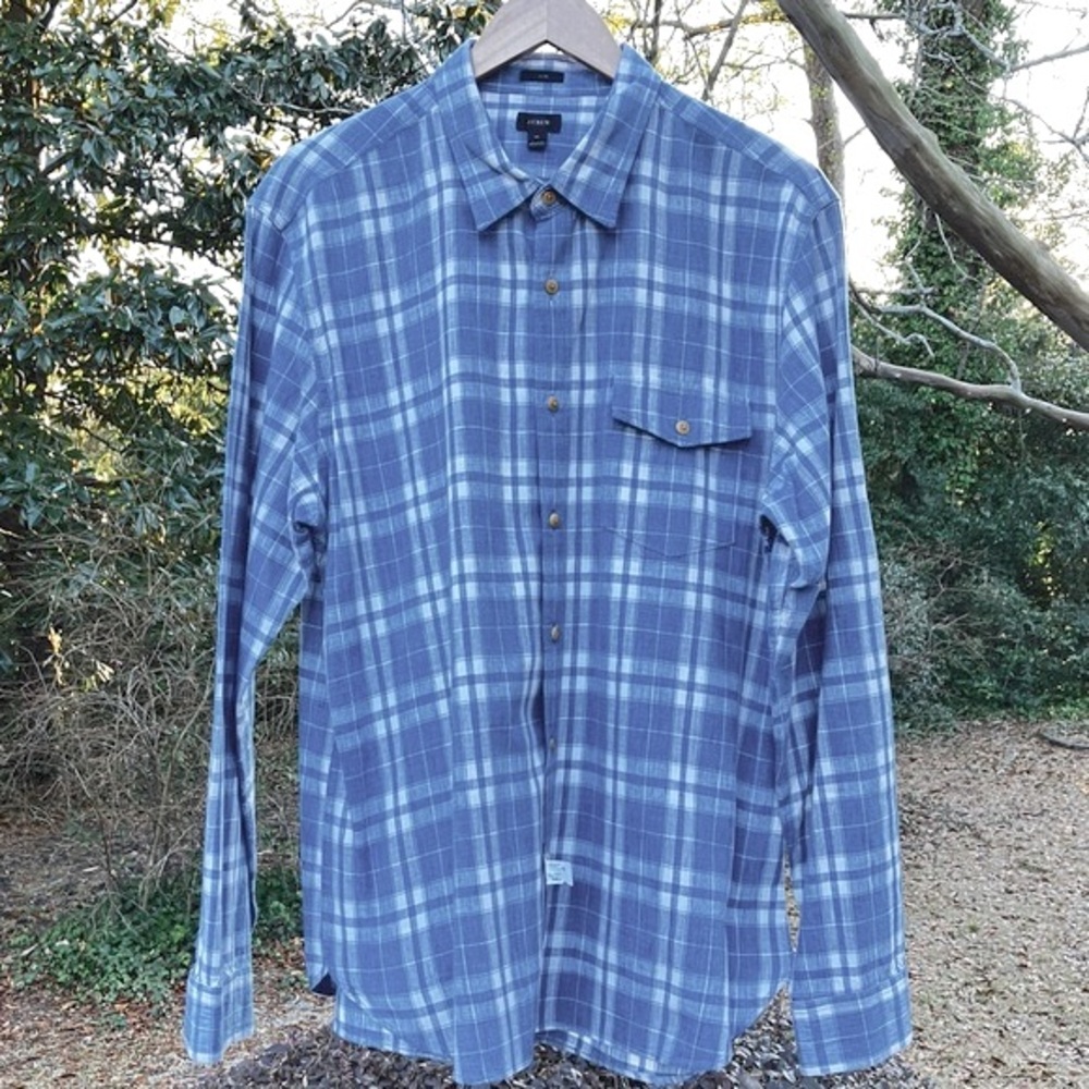 J Crew Shirt Button Down Blue and White Plaid Long Sleeve Cotton Woven - Picture 2 of 11